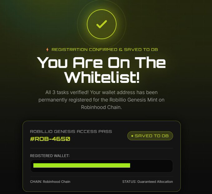 A confirmation screen showing 'You Are On The Whitelist!' with a checkmark, stating 'REGISTRATION CONFIRMED & SAVED TO DB'. It mentions 'Robilio Genesis Access Pass #ROB-4650', 'SAVED TO DB', and 'CHAIN: Robinhood Chain' with 'STATUS: Guaranteed Allocation'.