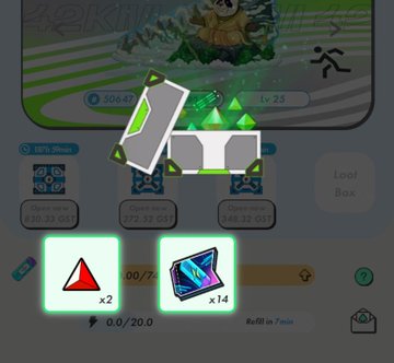 STEP'N app screenshot showing a sneaker at Level 25, a Mystery Box reward, and open loot box options with GST and GMT costs.