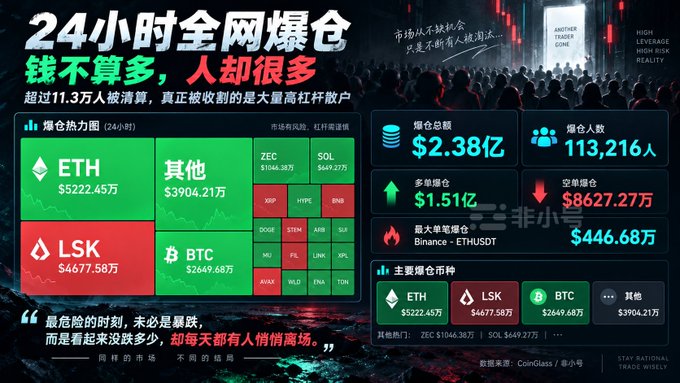 Chinese-language cryptocurrency infographic titled '24小时全网爆仓' (24-hour network liquidation) showing ETH at $5222.45万, LSK at $4677.58万, BTC at $2649.68万, with total liquidations of $2.38亿 affecting 113,216 people.