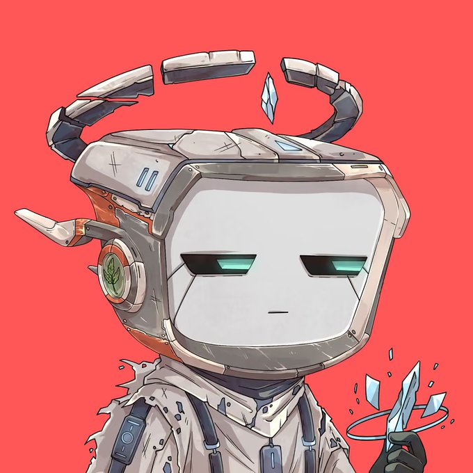 A stylized robot character named "Blokzy" with a blocky TV-like head, glowing green eyes, and a floating digital halo stands against a red background while holding a crystal shard, representing the NFT character that has just been revealed. The character has a leaf emblem on its ear and wears a tattered white outfit, fitting the "rate my Blokzy" request to showcase the freshly minted NFT.