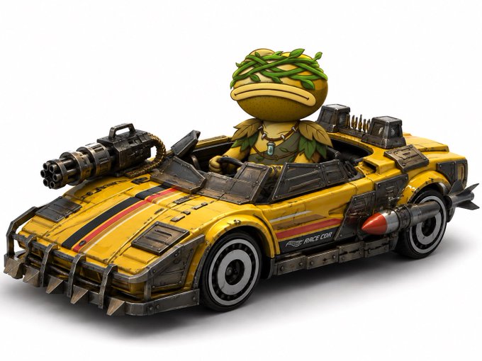 A figurine of a yellow duck character wearing a leaf crown, sitting in a yellow combat vehicle equipped with guns, spikes, and a missile.