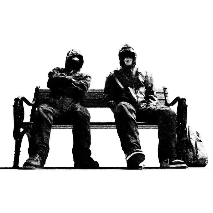 Two huddled figures sit on a park bench in a stark, high-contrast black-and-white silhouette, with one person slumped against the other—visually capturing the bleak, cold "winter" sentiment the post alludes to before jokingly predicting the return of a bull market.
