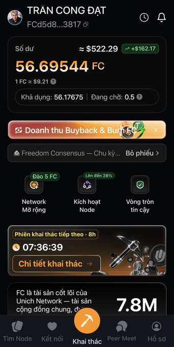 A mobile app screenshot in Vietnamese showing a wallet for 'TRẦN CÔNG ĐẠT' with a balance of 56.69544 FC (approximately $522.29), an 8-hour mining countdown of 07:36:39, and various feature buttons including Network Expansion and Node Activation.