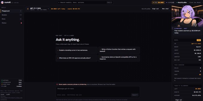A screenshot of cumAI's v0.1 playground interface shows a dark-themed chat UI titled "Ask it anything" for the "gpt-4.1-nano" model, featuring example prompts like "Explain a bonding curve in two sentences" and an "OpenAI-compatible API" option. A sidebar displays token stats including 19 calls, 2298 input, 84 output, and 320,066 token balance, while an anime-style avatar labeled "ELONMUSK / HOST" appears on the right, illustrating the early-stage AI platform described in the post.