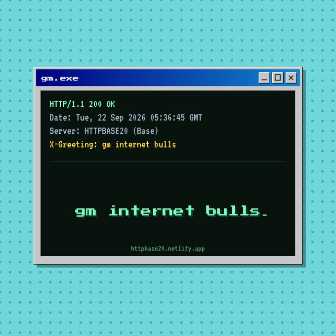 A retro computer window titled "gm.exe" displays an HTTP response containing the text "gm internet bulls." on a dotted teal background.