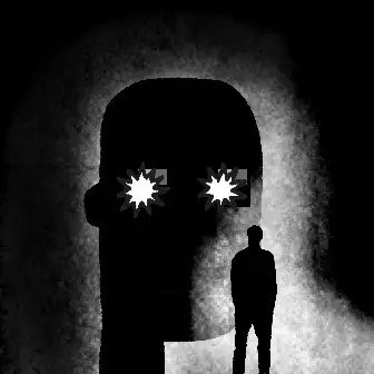 A dark, eerie illustration of a giant shadowy humanoid figure with glowing star-shaped eyes standing behind a much smaller human silhouette.