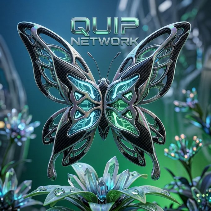 A stylized digital artwork featuring a metallic butterfly with green circuit-board patterns on its wings, surrounded by glowing plants, with the text 'QUIP NETWORK' above it.