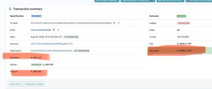 This transaction summary shows an XRP Ledger partial payment where only 0.008915 XRP was delivered, significantly less than the intended 4,000 XRP or the SendMax of 0.001 USD. This demonstrates how a payment can succeed while delivering less than the stated amount.