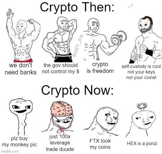 A meme comparing 'Crypto Then' (showing confident muscular characters with phrases like 'we don't need banks' and 'crypto is freedom') with 'Crypto Now' (showing defeated 'soyjak' characters with phrases like 'FTX took my coins' and 'HEX is a ponzi').