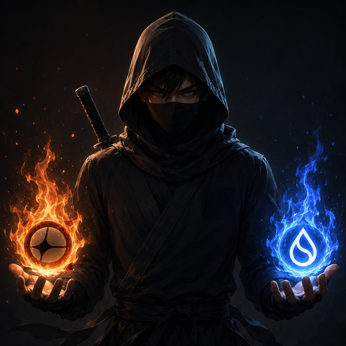 The image features a man dressed as a ninja, holding two fireballs - one blue and one orange. The background of the image is dark, with flames coming out from both sides. The caption for this image reads "Market dumps. Builders ship. @Aster_DEX @SuiNetwork keep delivering updates regardless of market conditions. Real utility. Real users. Real adoption."