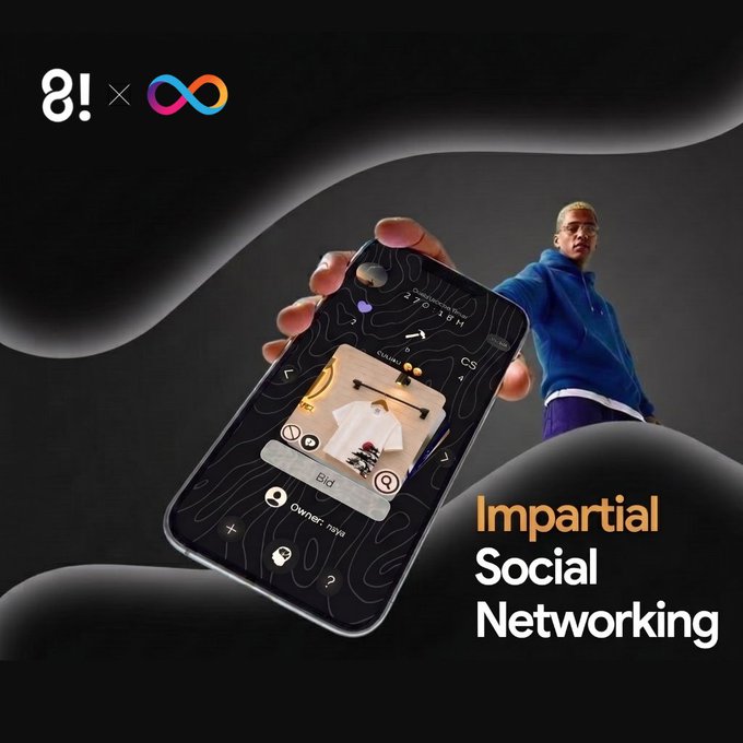 Meta-style collaboration graphic marked “8! ×” beside an infinity logo, showing a phone profile interface and the phrase “Impartial Social Networking.”