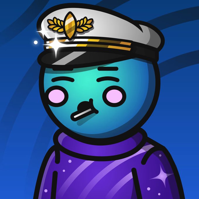A cartoon blue character wearing a glossy white captain's hat with gold detailing and a purple hoodie poses with a surprised expression, complementing the post's enthusiastic pitch for the @SpaceRidersXYZ NFT project.