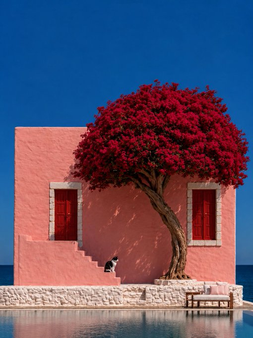 A vibrant pink Mediterranean-style house with red doors and a large blooming red bougainvillea tree, featuring a black and white cat sitting on the steps beside a pool with a small bench.
