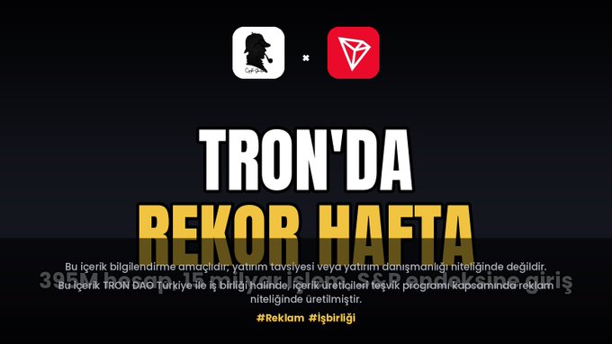 The image is a Turkish promotional graphic featuring the Sherlock (Sherlock DAO?) and TRON logos, with bold text reading "TRON'DA REKOR HAFTA" (Record Week on TRON) and "395M hesap 15M işlem rekoru! S&R işbirliği" (395M accounts, 15M transactions record! S&R collaboration), celebrating TRON's milestone of surpassing 395 million accounts as referenced in the post.
