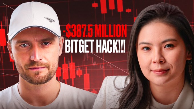 A thumbnail featuring a man in a white cap and a woman beside bold text reading "$387.5 MILLION BITGET HACK!!!" against a red candlestick chart background, promoting an interview with Bitget CEO Gracy Chen about the $387.5 million security breach.