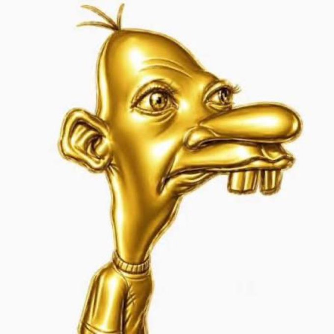 A 3D-rendered golden cartoon character with an elongated face, prominent nose, buck teeth, sparse hair tufts, and a shiny metallic finish.