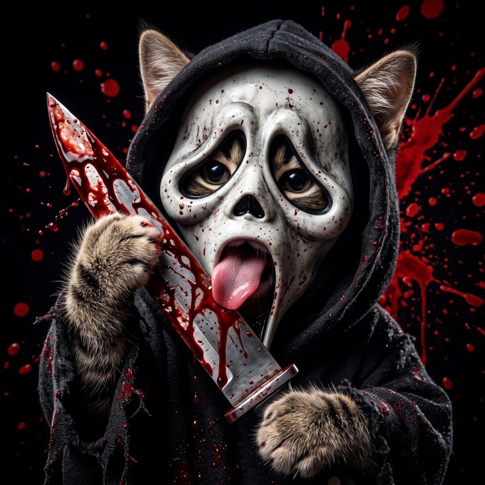 A dark, stylized image shows an animal in a hooded robe wearing a white mask and holding a blood-stained knife, with red splatters across the black background.