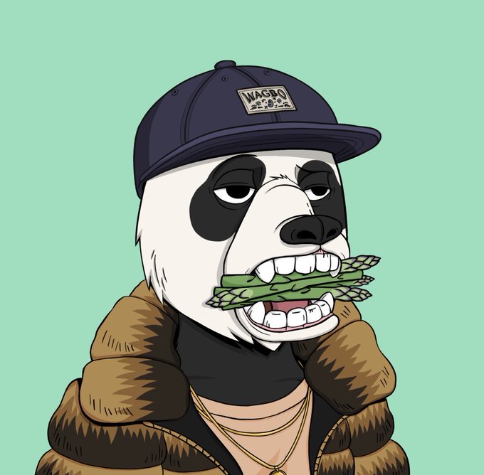 A cartoon illustration of a panda-like character wearing a navy 'WG' cap, gold chains, and a puffer jacket, biting down on a fan of US dollar bills with an exaggerated open-mouth expression against a mint green background.
