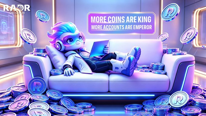 A stylized cyberpunk character lounges on a futuristic couch surrounded by stacks of glowing "R" branded coins, with the slogan "MORE COINS ARE KING, MORE ACCOUNTS ARE EMPEROR" displayed prominently. The image visually reinforces the post's message about expanding RADR's token and holder base to strengthen the ecosystem.