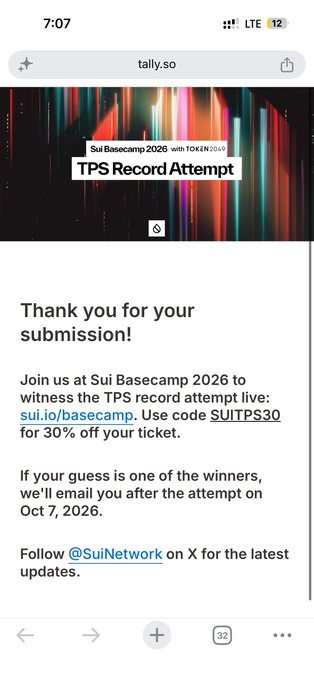 A mobile browser screenshot from tally.so showing a 'Thank you for your submission!' message for the Sui Basecamp 2026 TPS Record Attempt, offering 30% off with code SUITPS30.