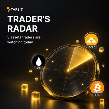 Promotional graphic for 'TAPBIT TRADER'S RADAR' showing a glowing radar dish surrounded by golden cubes, with icons indicating OIL, GOLD, and BTC are the 3 assets traders are watching.