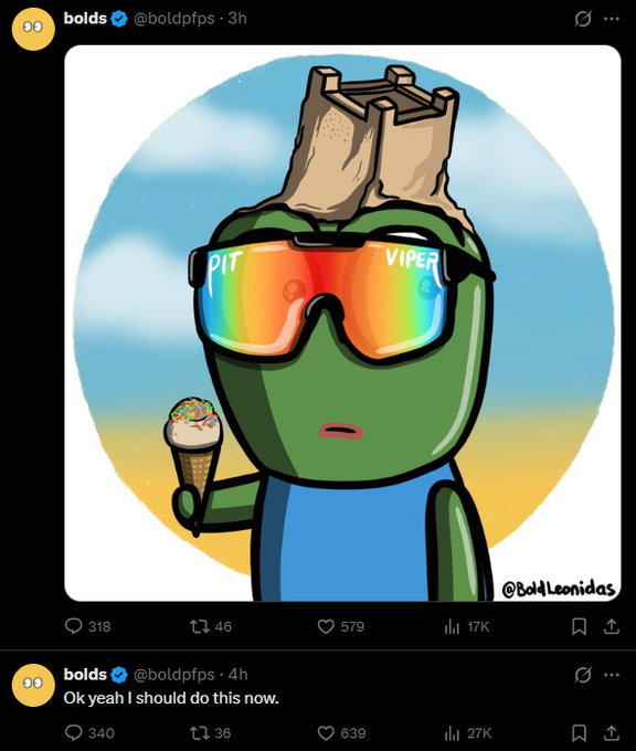 A Twitter post by @boldpfps features a cartoon green character wearing a cardboard crown and rainbow "PIT VIPER" sunglasses while holding an ice cream cone, with the post below reading "Ok yeah I should do this now." The image showcases the upcoming PFP (profile picture) NFT collection's art style, which @boldleonidas is teasing, with the second tweet suggesting an imminent launch that crypto Twitter will rush to mint.