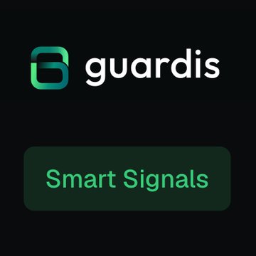 A dark screen displaying the 'guardis' logo above a green button labeled 'Smart Signals'.