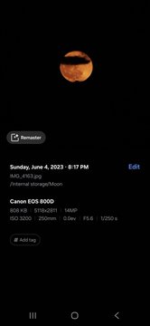 A smartphone screenshot shows a lunar eclipse photo captioned 'Sunday, June 4, 2023 | 8:17 PM' with camera settings 'ISO 3200 200mm 0.0ev F5.6 1/250s' visible.