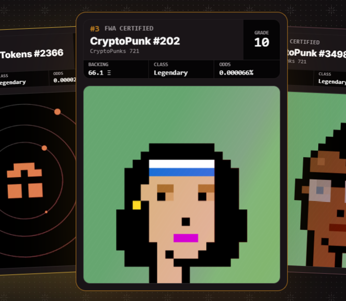 A digital collectible card displaying a pixelated character labeled 'CryptoPunk #202' with class 'Legendary', grade 10, and a backing of 66.1.
