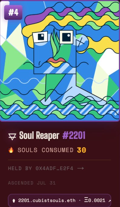 A digital NFT card titled 'Soul Reaper #2201' featuring a colorful abstract geometric face design, indicating 30 souls consumed and held by 0x4ADF...E2F4.