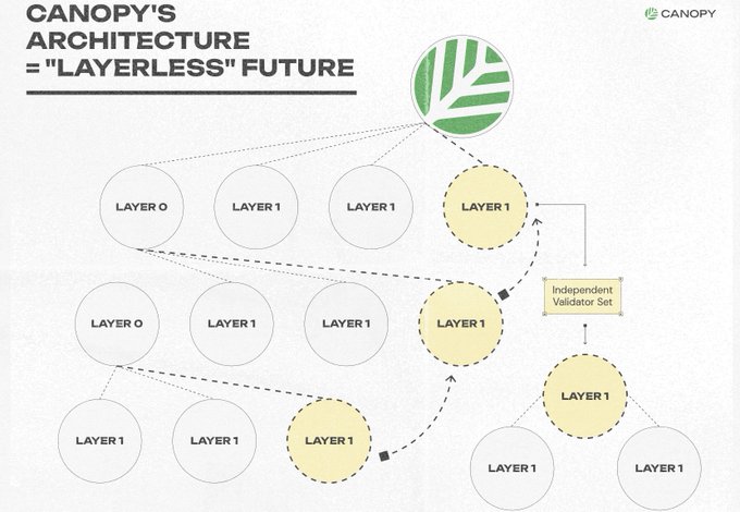 A diagram titled "CANOPY'S ARCHITECTURE = 'LAYERLESS' FUTURE" illustrates Canopy Network's chain-launch structure with interconnected nodes labeled "LAYER 0" and "LAYER 1," linked through an "Independent Validator Set" highlighted in yellow, visually representing the post's point that Canopy avoids the traditional L1/L2 hierarchy in favor of a unified sovereignty model.