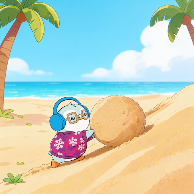 A cartoon illustration of a small white penguin character wearing blue headphones, glasses, and a pink snowflake sweater, pushing a large ball of sand on a tropical beach.