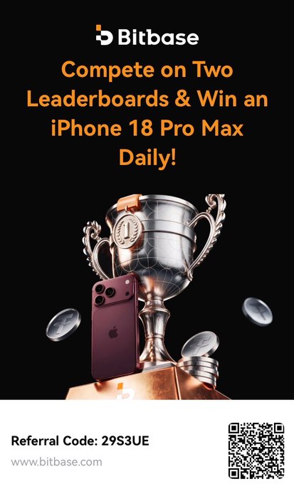 A Bitbase promotional graphic advertises a daily giveaway where users compete on two leaderboards to win an iPhone 18 Pro Max, featuring the referral code "29S3UE" and a QR code linking to www.bitbase.com, with the image showcasing a trophy, iPhone, and scattered coins that visually reinforce the random daily drawing described in the post.
