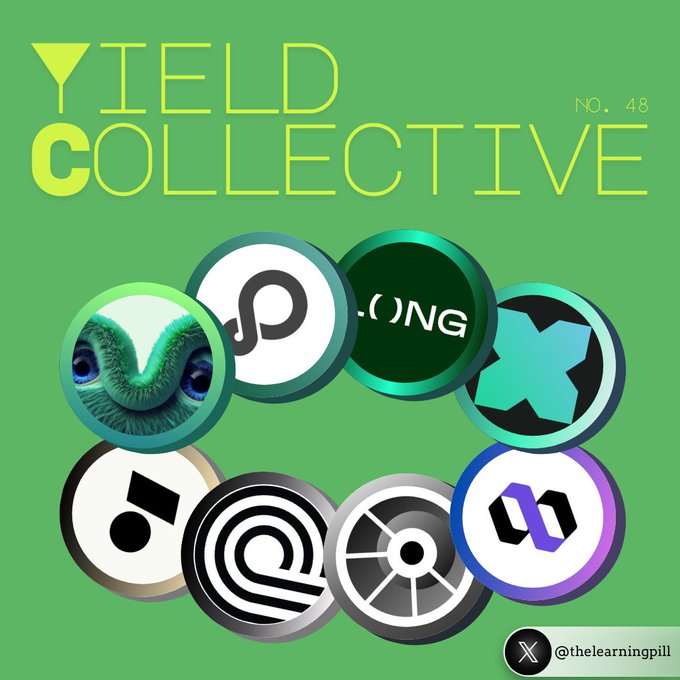 A green-themed graphic titled 'YIELD COLLECTIVE NO. 48' displays logos of various crypto projects arranged in a circular pattern, with the X handle @thelearningpill at the bottom.