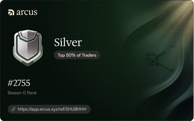 A digital achievement card from 'arcus' displaying a Silver rank badge, indicating 'Top 50% of Traders', rank '#2755', 'Season 0 Rank', and a referral link.