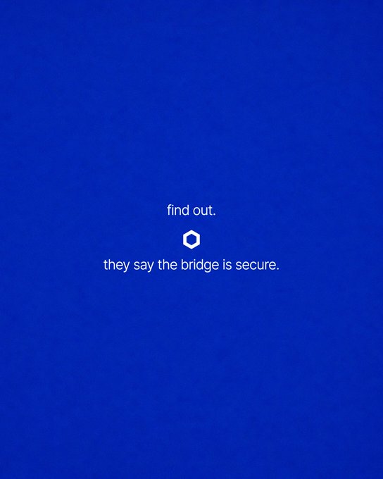 A minimalist blue graphic with white text reading 'find out.' above a hexagon logo, followed by the text 'they say the bridge is secure.'