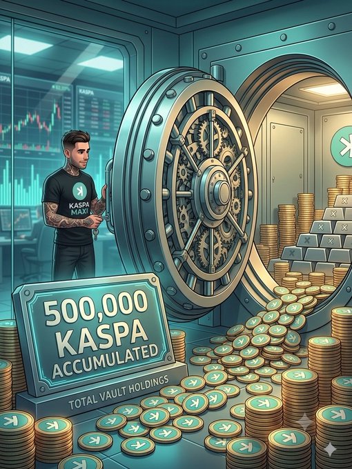 A trader in a "KASPA MAXI" shirt stands beside a giant vault filled with stacks of Kaspa coins and gold bars, with a glowing sign reading "500,000 KASPA ACCUMULATED — TOTAL VAULT HOLDINGS" — visually celebrating the milestone of hitting 500,000 KAS, exactly 10× the original 50,000 coin goal he set when KAS was around $0.07.