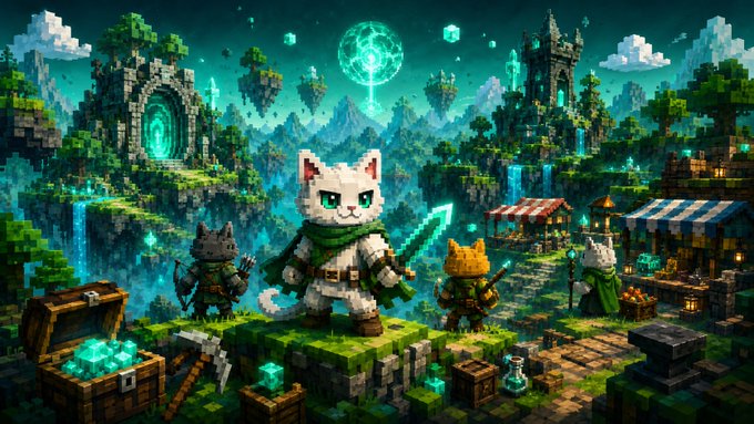 A vibrant Minecraft-style pixel art fantasy scene featuring cute cat warriors in a mystical landscape with floating islands, glowing crystals, medieval buildings, and a green portal.
