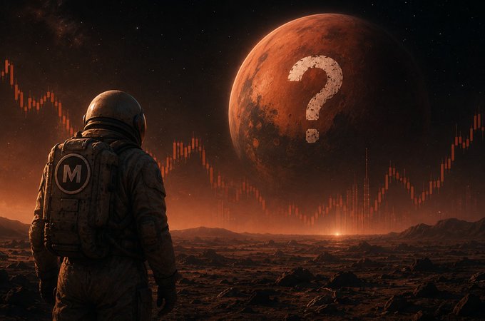 A digital artwork of an astronaut standing on a rocky Martian landscape, gazing at a large red planet with a prominent white question mark on its surface, set against a starry sky with red candlestick chart overlays.