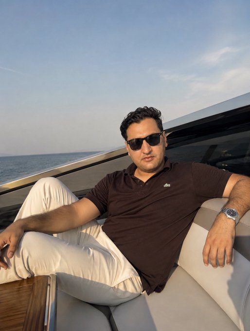 A man in a brown polo shirt and white pants lounges on a yacht seat wearing sunglasses, embodying a luxurious morning vibe that complements the "GOOD MORNING, Beautiful People, Let's win big today" message of seizing the day in style.