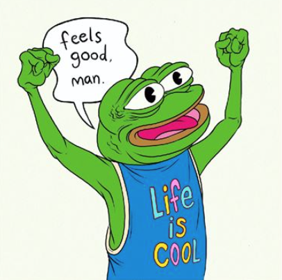 The cartoon Pepe the Frog flexes with arms raised triumphantly, wearing a blue shirt that reads "Life is COOL" in colorful letters, while a speech bubble declares "feels good, man." The image perfectly captures the euphoric, bullish sentiment of the post about $PEPE being poised for a massive explosion, as Pepe celebrates with pure joy and confidence.