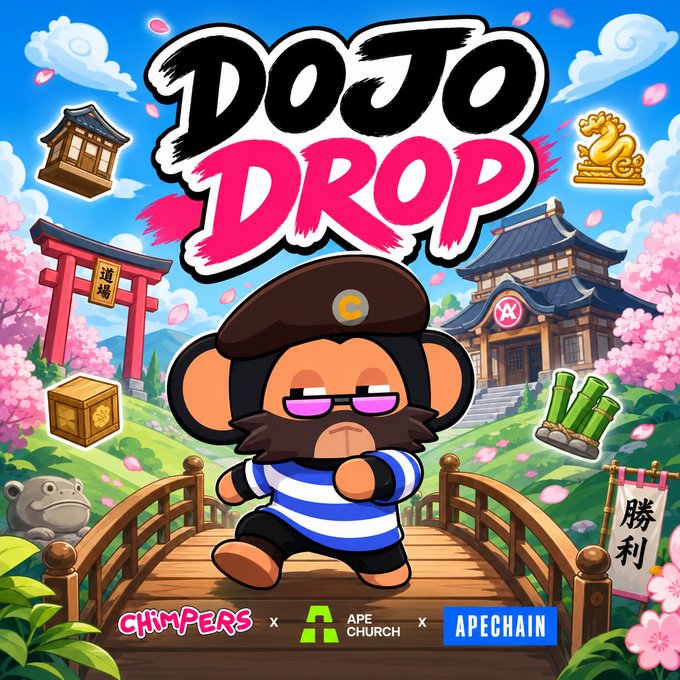 A colorful promotional graphic for 'Dojo Drop' featuring a cartoon monkey character on a bridge, with cherry blossoms and Japanese temples in the background, co-branded by Chimpers, Ape Church, and ApeChain.