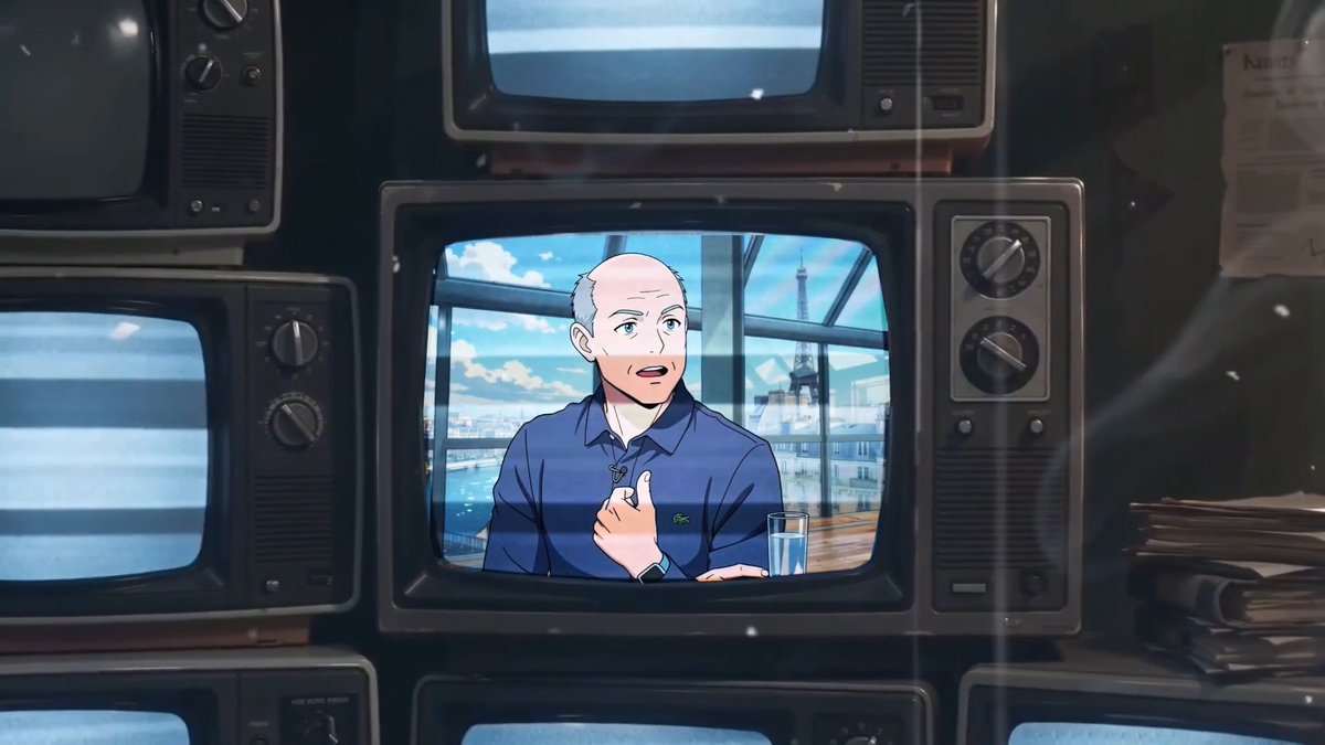 Multiple vintage television sets stacked together, with the central TV displaying an anime-style illustration of a man being interviewed.