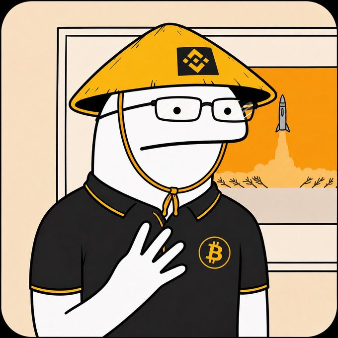 A whimsical mascot wearing a yellow rice-paddy hat and a black polo with a Bitcoin logo looks on as a rocket launches in the background, visually representing the "$4" post as a "to the moon" price milestone for Bitcoin.