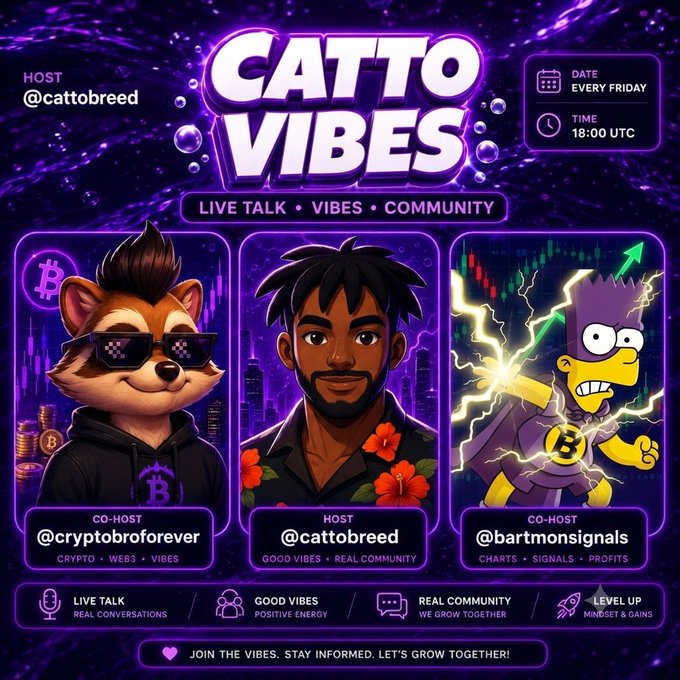 Promotional graphic for "CATTO VIBES," a live X Space hosted by @cattobreed every Friday at 18:00 UTC, featuring co-hosts @cryptobrforever and @bartmonsignals, with the caption inviting viewers to join for a fun, vibe-filled discussion marking 7 months on Monad mainnet.
