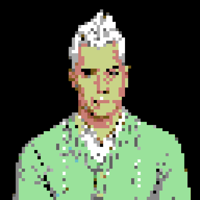 A low-resolution, pixelated portrait of an older woman with short white hair wearing a green top, set against a solid black background.