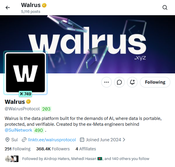 A Twitter/X profile page for 'Walrus' (@WalrusProtocol) describes itself as a data platform built for AI demands, created by ex-Meta engineers behind @SuiNetwork, with 368.4K followers.