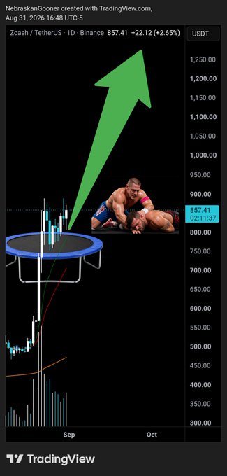 A TradingView price chart of Zcash/TetherUS (ZEC/USDT) on Binance shows the asset priced at $857.41 (+2.65%), overlaid with a large green upward arrow, a trampoline graphic, a meme image of John Cena performing an RKO wrestling move, and the caption "NebraskanGooner created with TradingView.com, Aug 31, 2026 16:48 UTC-5." The image humorously illustrates the post's "Day 8" series, depicting Cena bouncing off a trampoline to tackle the ZEC price back above the $1,000 target.