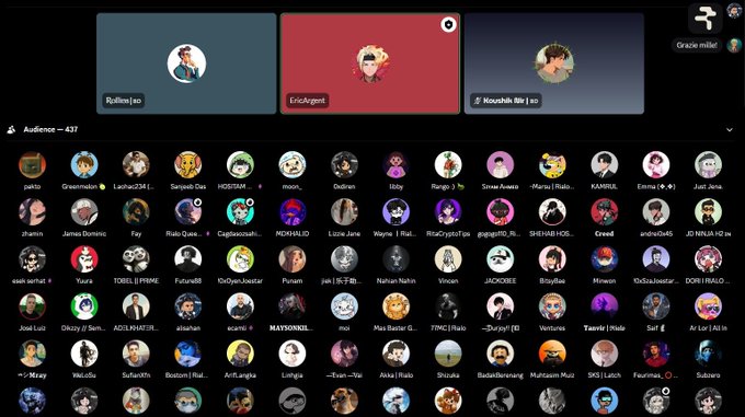 A screenshot of a Discord-like chat room interface showing an audience of 437 with three speakers labeled 'Ryllinn', 'EricAgent', and 'Moochie', and numerous user avatars below.