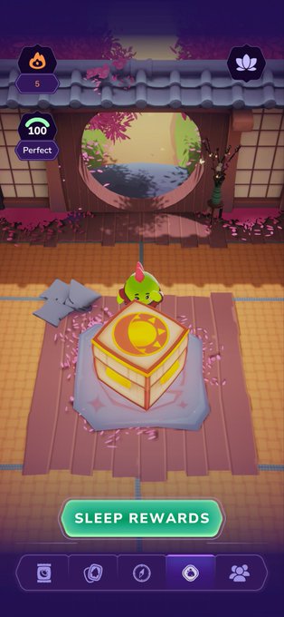 A mobile game screenshot showing a cozy zen-style room with a cute green character on a glowing yellow cushion, featuring a 'SLEEP REWARDS' button and stats showing '100' and 'Perfect'.
